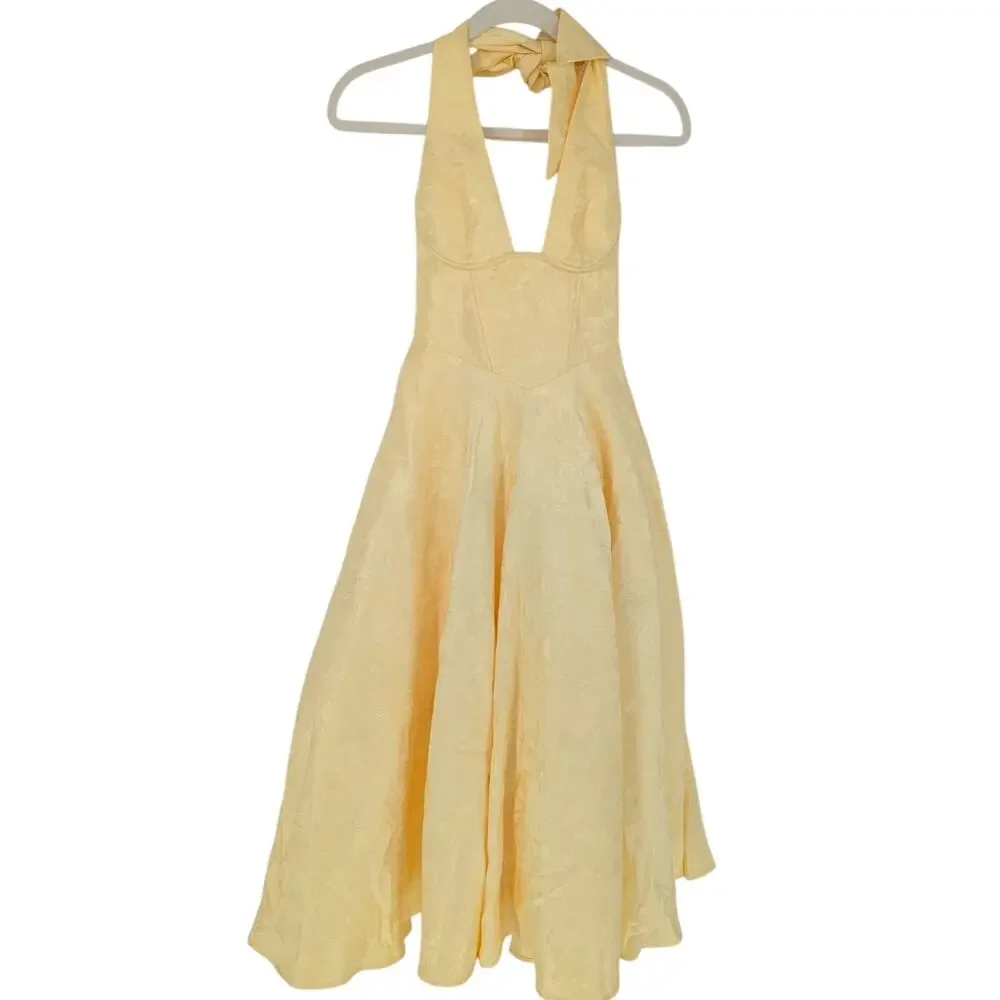 Babyboo Effie Midi Dress Lemon Jacquard Halter Corset Size XS NWT